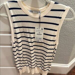 Zara Women's Navy and Cream Striped Tank Top